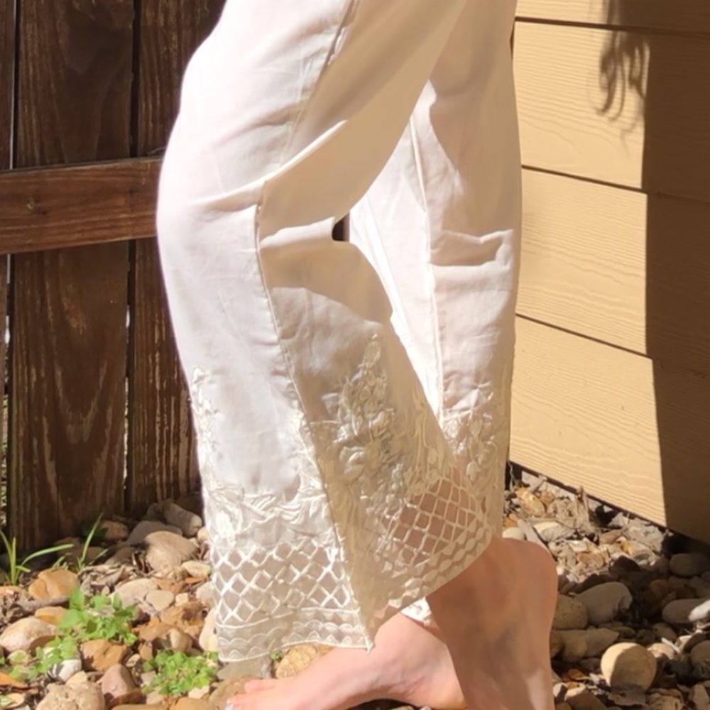 white cotton summer pants with crochet mesh detail